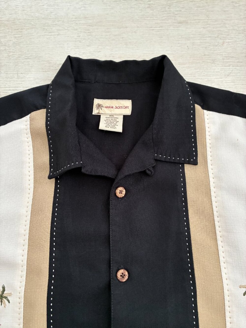 Havana Jack's Cafe Palm Tree Paneled Men's Camp Shirt Black Tan Cream Size XXL - Picture 2 of 7